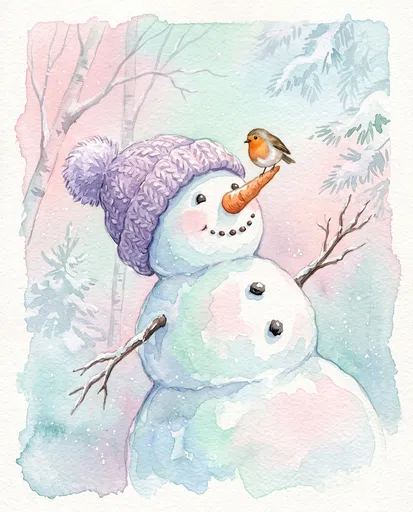 Watercolor Snowman With Robin on Nose