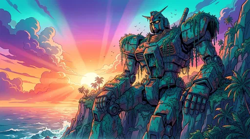 Overgrown Giant Mecha on Sunset Cliff