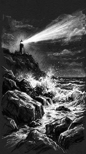 Charcoal Drawing of Lighthouse on Rocky Coast