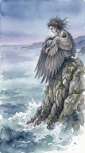 Watercolor Siren Perched on Coastal Cliff