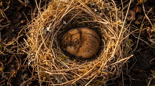 Brown Lemming Sleeping in Grass Nest