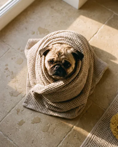 Pug Wrapped in Waffle Towel After Bath