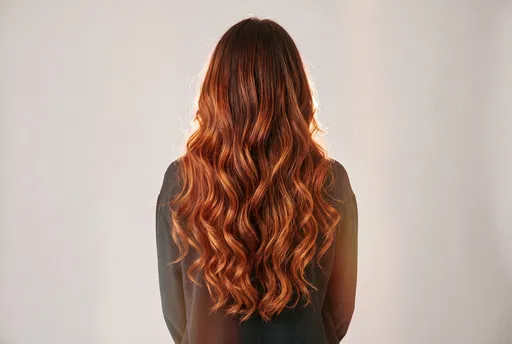 Back View of Copper Balayage Wavy Hair