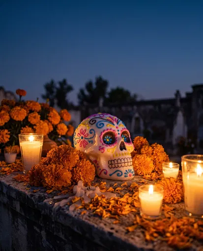 Sugar Skull with Marigolds and Candles at Dusk