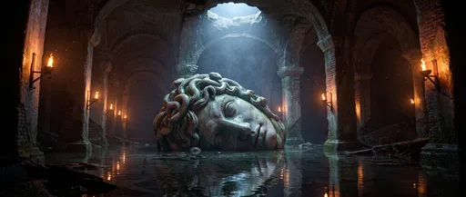 Submerged Medusa Statue in Underground Cistern
