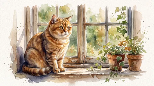 Watercolor Cat on Sunlit Cottage Windowsill