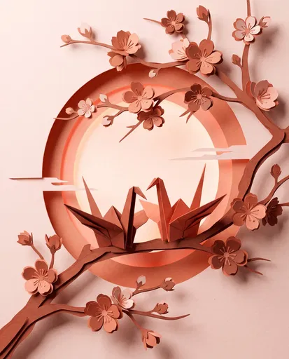 Origami Cranes on Flowering Branch Paper Art