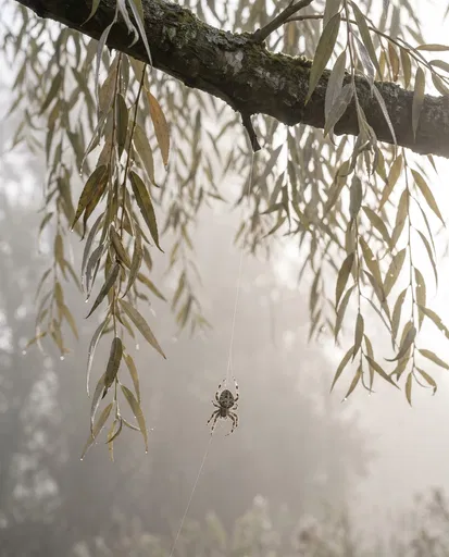 Spider Hanging from Misty Willow Branch