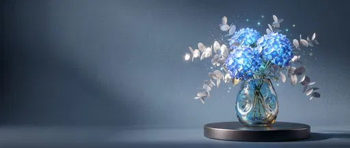 Glowing Blue Hydrangeas in Glass Vase