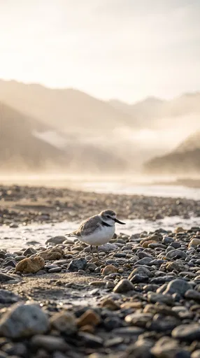 Plover Bird on Misty Riverbed