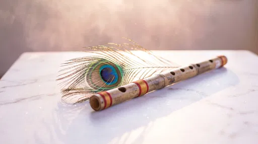 Bamboo Flute and Peacock Feather on Marble