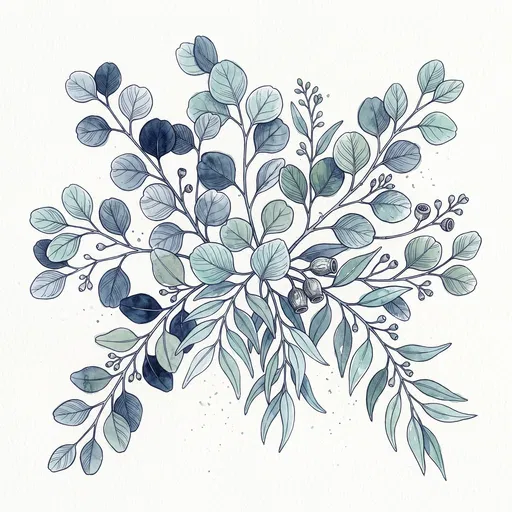 Watercolor and Ink Eucalyptus Branch Illustration