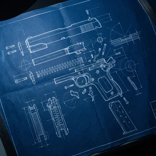 Cyanotype Blueprint of Exploded Pistol Assembly
