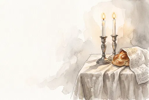 Watercolor Shabbat Candles and Challah Bread