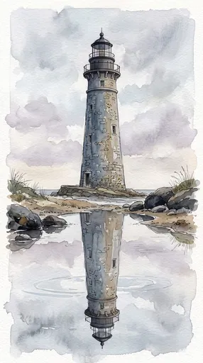 Watercolor Lighthouse Reflected in Tidal Pool