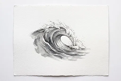 Monochrome Watercolor and Ink Curling Wave Illustration