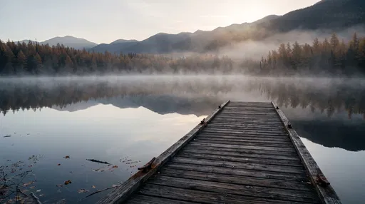 Wooden Dock on Misty Autumn Lake