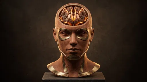 Terracotta and Brass Clockwork Brain Bust