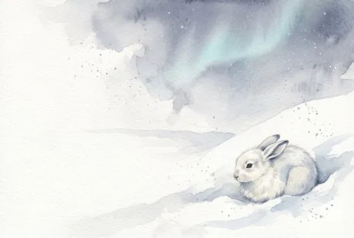 Watercolor Arctic Rabbit Under Aurora Sky