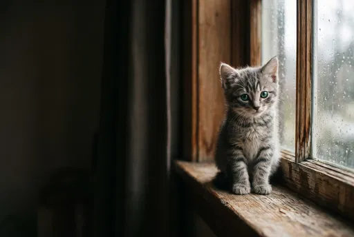 Grey Tabby Kitten on Rainy Windowsill