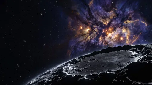 Indigo and Gold Nebula Over Cratered Moon