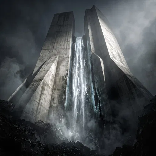 Brutalist Concrete Monolith With Glowing Waterfall