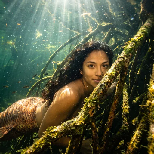 Mermaid Swimming Among Underwater Mangrove Roots