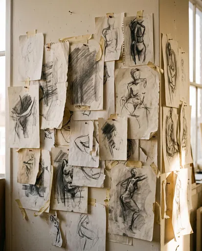 Charcoal Sketches Pinned on Studio Wall