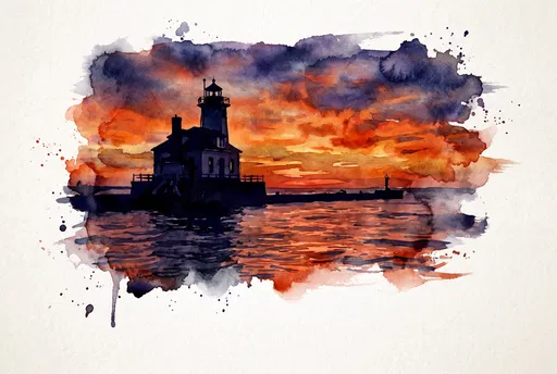 Watercolor Lighthouse Sunset Illustration
