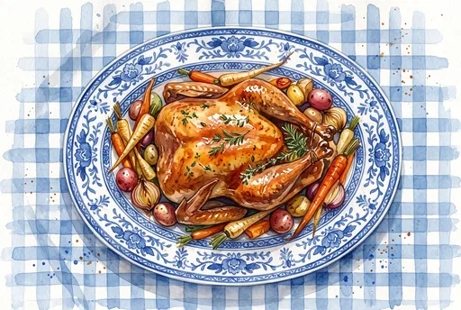Watercolor Roasted Turkey on Blue Platter