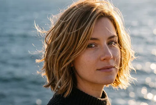 Woman With Windblown Blonde Bob By Ocean