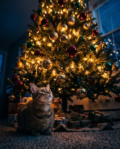 Tabby Cat Looking at Christmas Tree