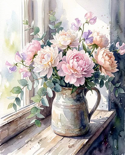 Watercolor Peonies in Rustic Pitcher