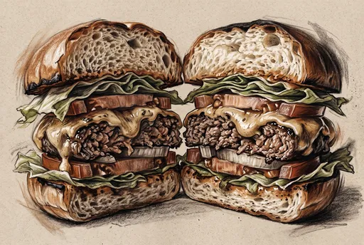 Charcoal and Conte Drawing of Halved Cheeseburger