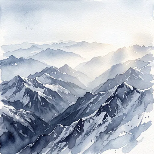Watercolor Illustration of Layered Blue Mountain Ridges