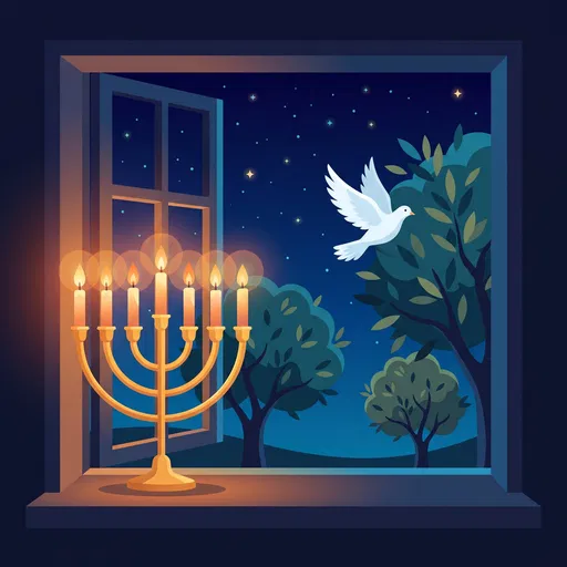 Glowing Menorah and Dove by Night Window