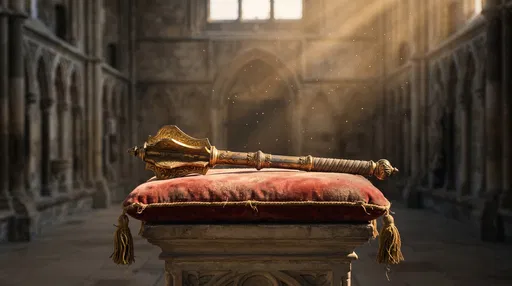 Ornate Golden Mace on Velvet Cushion