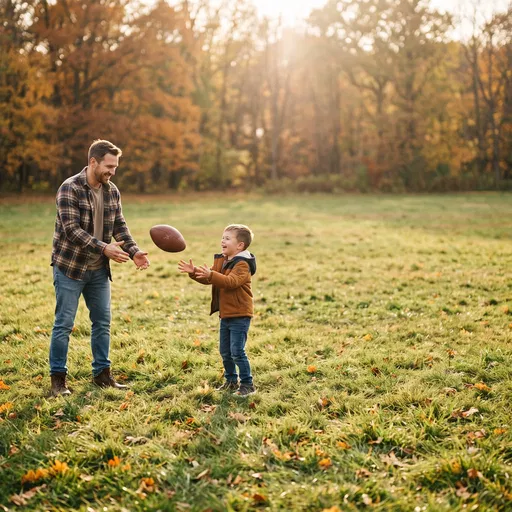 Father and Son Playing Football in Autumn