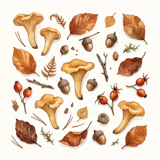 Watercolor Autumn Foraged Treasures Flat Lay
