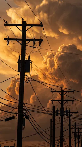 Silhouetted Utility Poles Against Golden Clouds