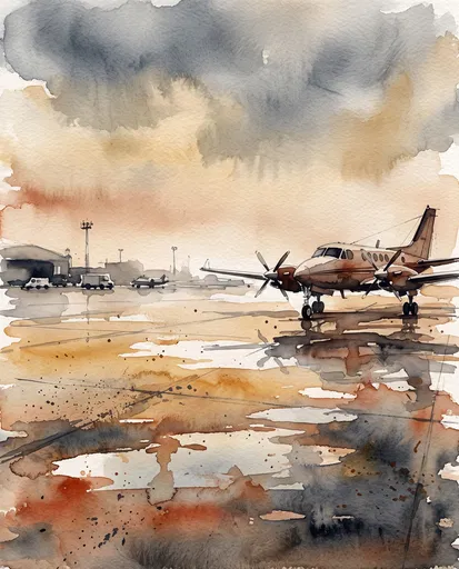 Watercolor Propeller Plane on Wet Tarmac