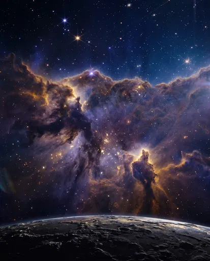 Glowing Nebula Over Rocky Planet Horizon