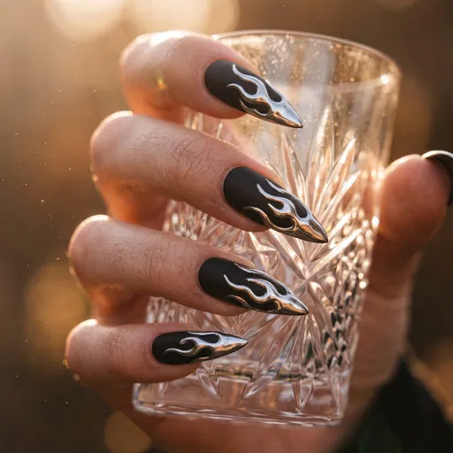 Black Matte Stiletto Nails With Silver Flames