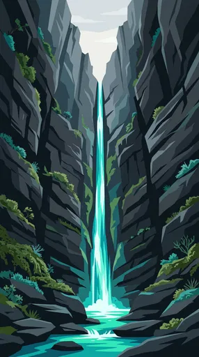 Turquoise Waterfall in Narrow Canyon Illustration