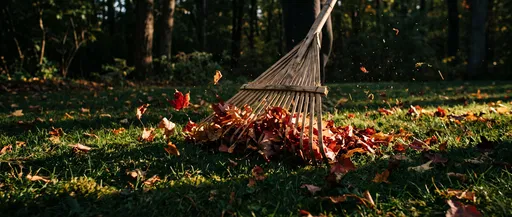 Bamboo Rake Sweeping Autumn Leaves on Lawn