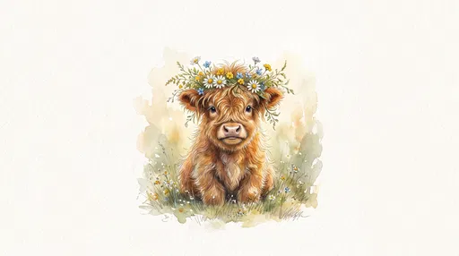 Watercolor Baby Highland Cow With Flower Crown