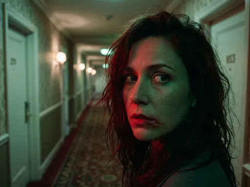 Woman Looking Back in Hotel Corridor