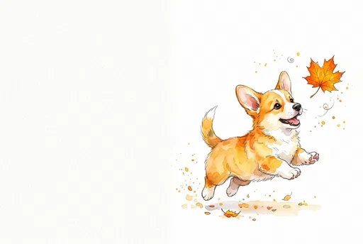 Watercolor Corgi Puppy Chasing Autumn Leaf