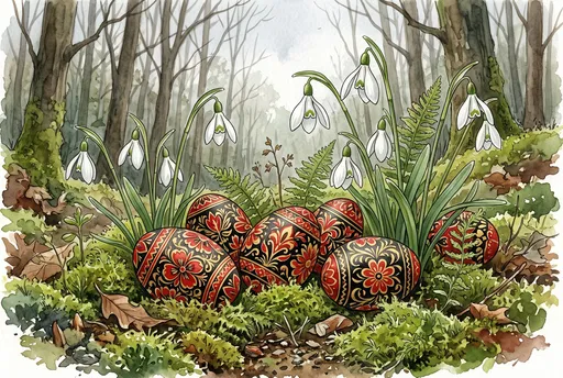 Watercolor Easter Eggs and Snowdrops in Forest