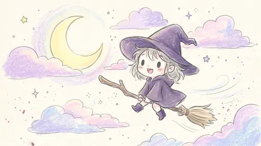 Cute Chibi Witch Flying on Broomstick